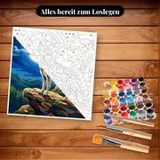 Malen nach Zahlen Wolf heult den Mond an auf einem Felsen – Set bereit zum Loslegen auf dem Tisch