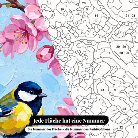 Malen nach Zahlen Vögel auf Kirschbaumzweig – nummerierte Leinwand zum Malen