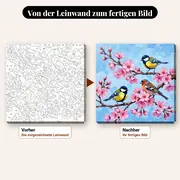 Malen nach Zahlen Vögel auf Kirschbaumzweig – vorher und nachher: vorgezeichnete Leinwand und fertiges Gemälde