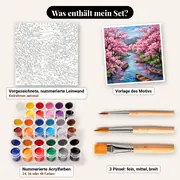 Malen nach Zahlen Kirschblüten und Fluss – Set-Inhalt: vorgezeichnete Leinwand, Farben, Pinsel