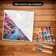 Malen nach Zahlen Kirschblüten und Fluss – Set bereit zum Loslegen auf dem Tisch