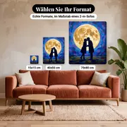 Malen nach Zahlen Liebespaar als Silhouette vor Vollmond – verfügbare Formate im Größenvergleich zu einem Sofa