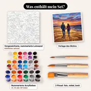 Malen nach Zahlen Paar beim Spaziergang am Strand bei Sonnenuntergang – Set-Inhalt: vorgezeichnete Leinwand, Farben, Pinsel