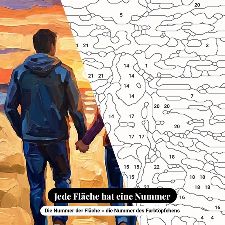 Malen nach Zahlen Paar beim Spaziergang am Strand bei Sonnenuntergang – nummerierte Leinwand zum Malen