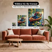 Malen nach Zahlen Paar im Boot auf einem Seerosenteich – verfügbare Formate im Größenvergleich zu einem Sofa