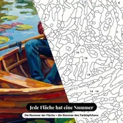 Malen nach Zahlen Paar im Boot auf einem Seerosenteich – Nahaufnahme der nummerierten Leinwand