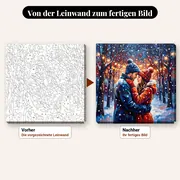Malen nach Zahlen Liebespaar: Küssendes Paar im Schnee – vorher und nachher: vorgezeichnete Leinwand und fertiges Gemälde