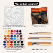 Malen nach Zahlen berühmte Gemälde: Der Schrei von Edvard Munch – Set-Inhalt: vorgezeichnete Leinwand, Farben, Pinsel