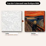 Malen nach Zahlen berühmte Gemälde: Der Schrei von Edvard Munch – vorher und nachher: vorgezeichnete Leinwand und fertiges Gemälde