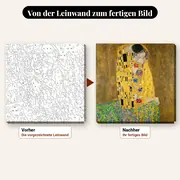 Malen nach Zahlen Der Kuss von Gustav Klimt – vorher und nachher: vorgezeichnete Leinwand und fertiges Gemälde