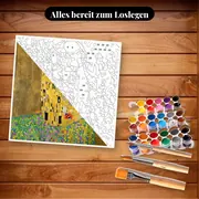 Malen nach Zahlen Der Kuss von Gustav Klimt – Set bereit zum Loslegen auf dem Tisch