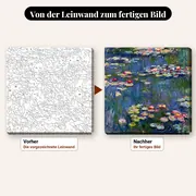 Malen nach Zahlen Seerosen von Monet – vorher und nachher: vorgezeichnete Leinwand und fertiges Gemälde