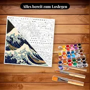 Malen nach Zahlen Die große Welle vor Kanagawa von Hokusai – Set bereit zum Loslegen auf dem Tisch