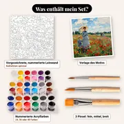 Malen nach Zahlen Mohnblumenfeld von Monet – Set-Inhalt: vorgezeichnete Leinwand, Farben, Pinsel