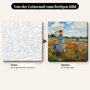 Malen nach Zahlen Mohnblumenfeld von Monet – vorher und nachher: vorgezeichnete Leinwand und fertiges Gemälde