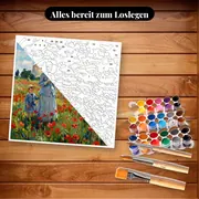 Malen nach Zahlen Mohnblumenfeld von Monet – Set bereit zum Loslegen auf dem Tisch