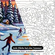 Malen nach Zahlen Schlittschuhläufer auf zugefrorenem See bei Sonnenuntergang – Nahaufnahme der nummerierten Leinwand