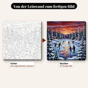 Malen nach Zahlen Schlittschuhläufer auf zugefrorenem See bei Sonnenuntergang – vorher und nachher: vorgezeichnete Leinwand und fertiges Gemälde