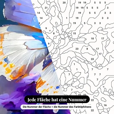 Malen nach Zahlen blauer und violetter Schmetterling auf Blumen, beiger Hintergrund – nummerierte Leinwand zum Malen