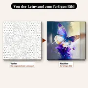Malen nach Zahlen blauer und violetter Schmetterling auf Blumen, beiger Hintergrund – vorher und nachher: vorgezeichnete Leinwand und fertiges Gemälde