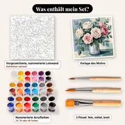 Malen nach Zahlen Rosenstrauß in einer Glasvase – Set-Inhalt: vorgezeichnete Leinwand, Farben, Pinsel