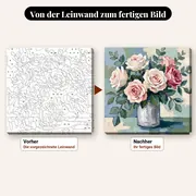 Malen nach Zahlen Rosenstrauß in einer Glasvase – vorher und nachher: vorgezeichnete Leinwand und fertiges Gemälde