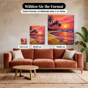 Malen nach Zahlen tropischer Sonnenuntergang mit Palmen – verfügbare Formate im Größenvergleich zu einem Sofa