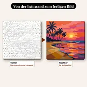 Malen nach Zahlen tropischer Sonnenuntergang mit Palmen – vorher und nachher: vorgezeichnete Leinwand und fertiges Gemälde
