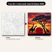 Malen nach Zahlen Giraffen und Akazie im Sonnenuntergang – vorher und nachher: vorgezeichnete Leinwand und fertiges Gemälde