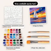 Malen nach Zahlen Segelboot im Sonnenuntergang – Set-Inhalt: vorgezeichnete Leinwand, Farben, Pinsel