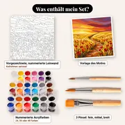 Malen nach Zahlen Weizenfeld und Mohnblumen im Sonnenuntergang – Set-Inhalt: vorgezeichnete Leinwand, Farben, Pinsel