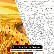 Malen nach Zahlen Weizenfeld und Mohnblumen im Sonnenuntergang – Nahaufnahme der nummerierten Leinwand