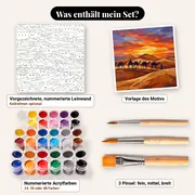 Malen nach Zahlen Kamelkarawane im Sonnenuntergang – Set-Inhalt: vorgezeichnete Leinwand, Farben, Pinsel
