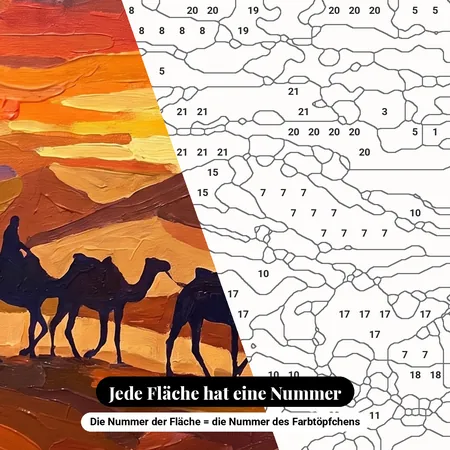Malen nach Zahlen Kamelkarawane im Sonnenuntergang – nummerierte Leinwand zum Malen