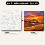 Malen nach Zahlen Kamelkarawane im Sonnenuntergang – vorher und nachher: vorgezeichnete Leinwand und fertiges Gemälde