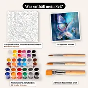 Malen nach Zahlen: Blau-violetter Schmetterling auf leuchtenden Blumen – Set-Inhalt: vorgezeichnete Leinwand, Farben, Pinsel
