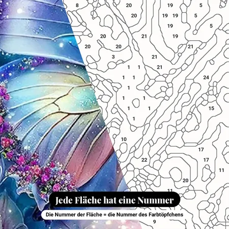 Malen nach Zahlen: Blau-violetter Schmetterling auf leuchtenden Blumen – nummerierte Leinwand zum Malen