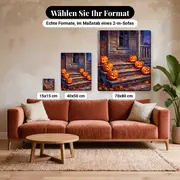 Malen nach Zahlen Halloween-Kürbisse auf einer Eingangstreppe – verfügbare Formate im Größenvergleich zu einem Sofa
