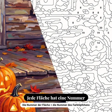 Malen nach Zahlen Halloween-Kürbisse auf einer Eingangstreppe – nummerierte Leinwand zum Malen