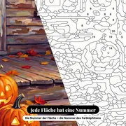 Malen nach Zahlen Halloween-Kürbisse auf einer Eingangstreppe – Nahaufnahme der nummerierten Leinwand