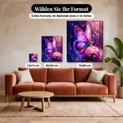 Malen nach Zahlen Schmetterling auf rosa Blume im Unterholz – verfügbare Formate im Größenvergleich zu einem Sofa