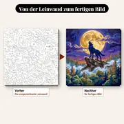 Malen nach Zahlen Wolf heult den Mond an – vorher und nachher: vorgezeichnete Leinwand und fertiges Gemälde