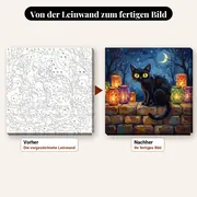 Malen nach Zahlen Schwarze Katze und Halloween-Laternen – vorher und nachher: vorgezeichnete Leinwand und fertiges Gemälde