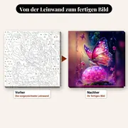 Malen nach Zahlen leuchtender Schmetterling im Wald – vorher und nachher: vorgezeichnete Leinwand und fertiges Gemälde