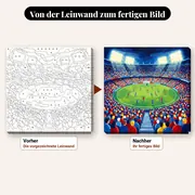 Malen nach Zahlen Fußballspiel im Stadion – vorher und nachher: vorgezeichnete Leinwand und fertiges Gemälde