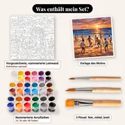Malen nach Zahlen Kinder spielen Fußball am Strand – Set-Inhalt: vorgezeichnete Leinwand, Farben, Pinsel