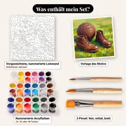 Malen nach Zahlen Vintage-Fußball und Lederschuhe – Set-Inhalt: vorgezeichnete Leinwand, Farben, Pinsel