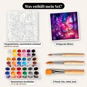 Malen nach Zahlen leuchtender rosa und violetter Schmetterling – Set-Inhalt: vorgezeichnete Leinwand, Farben, Pinsel