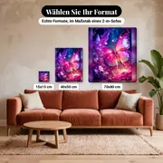 Malen nach Zahlen leuchtender rosa und violetter Schmetterling – verfügbare Formate im Größenvergleich zu einem Sofa