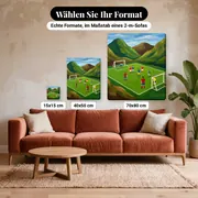 Malen nach Zahlen Fußballspiel in den Bergen – verfügbare Formate im Größenvergleich zu einem Sofa